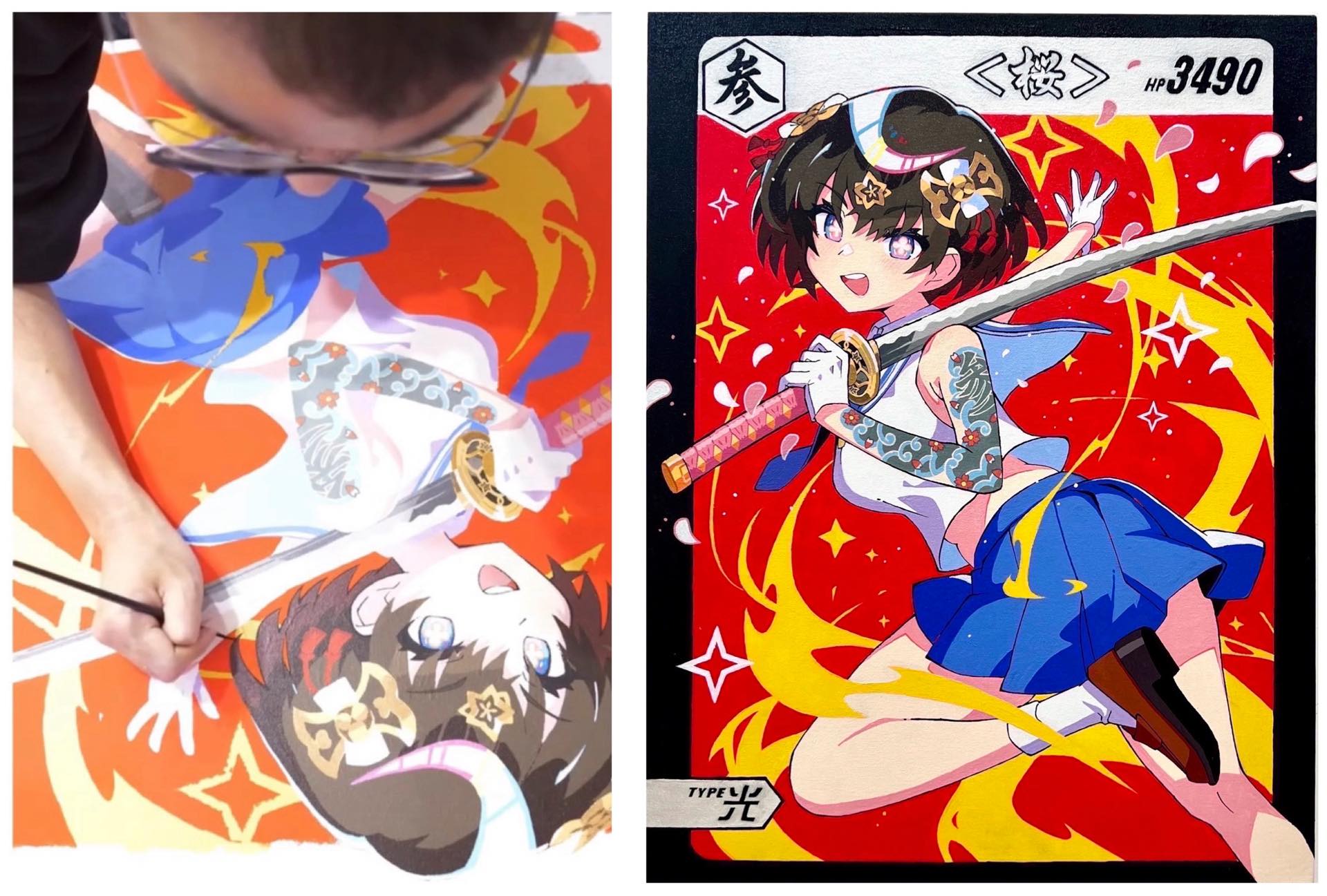 初のアナログ絵画作品 《SAMURAI GIRL 桜 -SAKURA-》, 2024, キャンバスにアクリル絵具 , 845x645mm