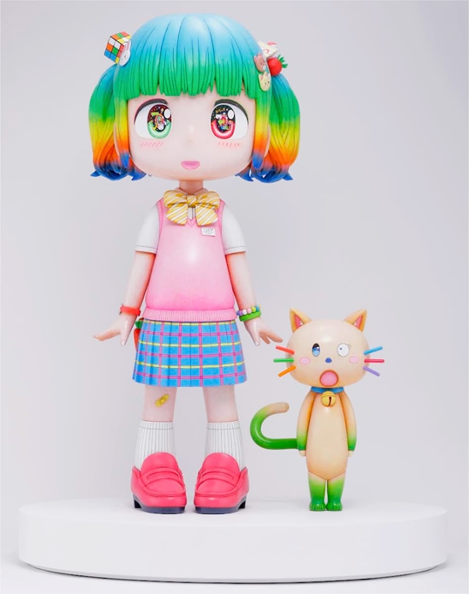 Hikari and Cat -Small Universe and Garden Residents-, 2026, Iron, FRP, urethane paint, acrylic paint, and plywood base with MDF surface finish, 1813 x 808 x 739 mm (Hikari) ©2026 Mr./Kaikai Kiki Co., Ltd. All Rights Reserved.